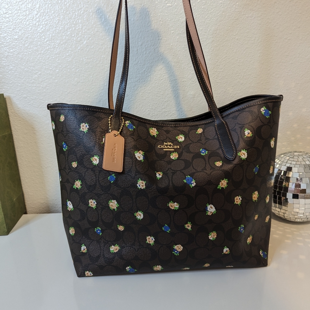 Coach Brown Floral Logo Tote with Blue and Cream Accents - Picture 11 of 16